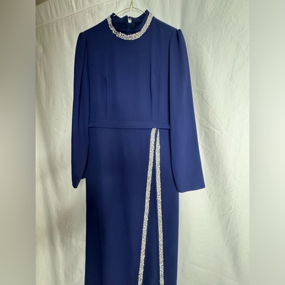Women Long Sleeve Formal Modest Maxi NAVY BLUE DRESS Size 42 - Picture 6 of 9